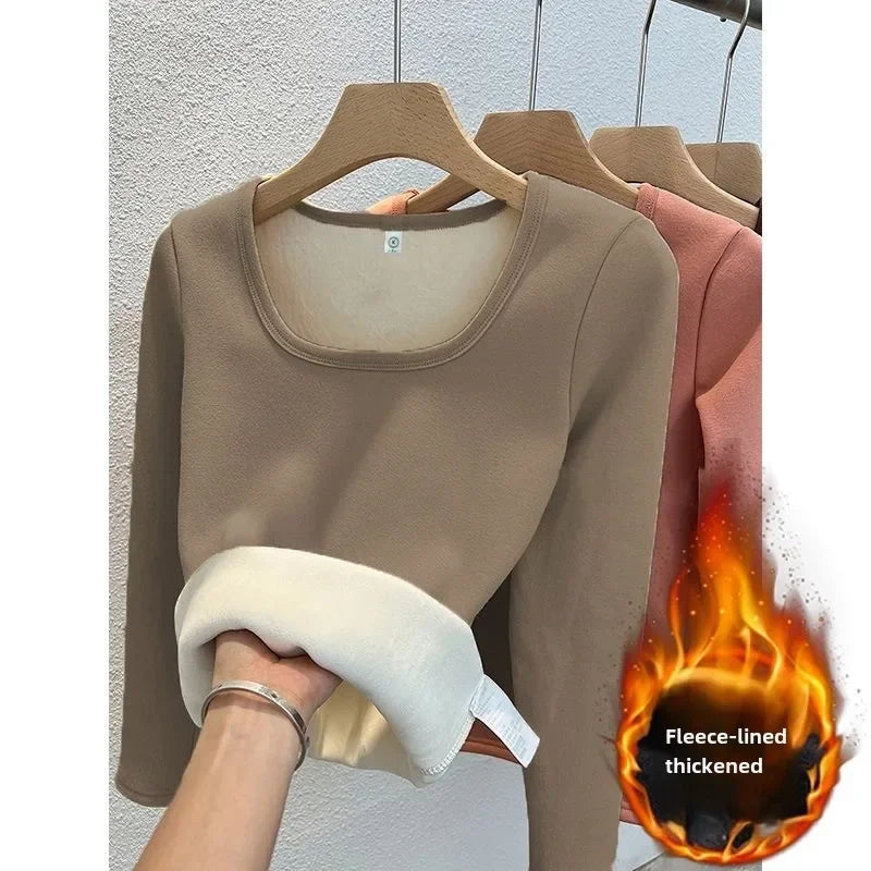Winter Women Thermal Underwear Tops Square Collar Fleece Basic Pullover Autumn Crewneck Fashion Top Casual Thermal Shirt Women