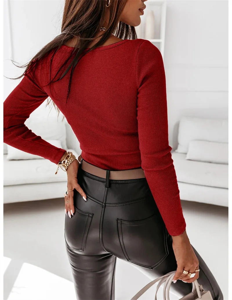 Women Fall Winter Knitted Bodycon T-Shirts Casual V-Neck Button Long Sleeve Black Office Lady Slim Pullovers Tops Femme Clothing