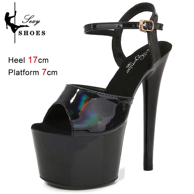 Women's Summer Shoes with Heels Sexy 17CM/7Inchs Platform Sandals Pole Dancing Fetish Erotic Stripper Shoes Luxury Laser Color