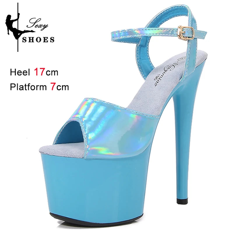 Women's Summer Shoes with Heels Sexy 17CM/7Inchs Platform Sandals Pole Dancing Fetish Erotic Stripper Shoes Luxury Laser Color