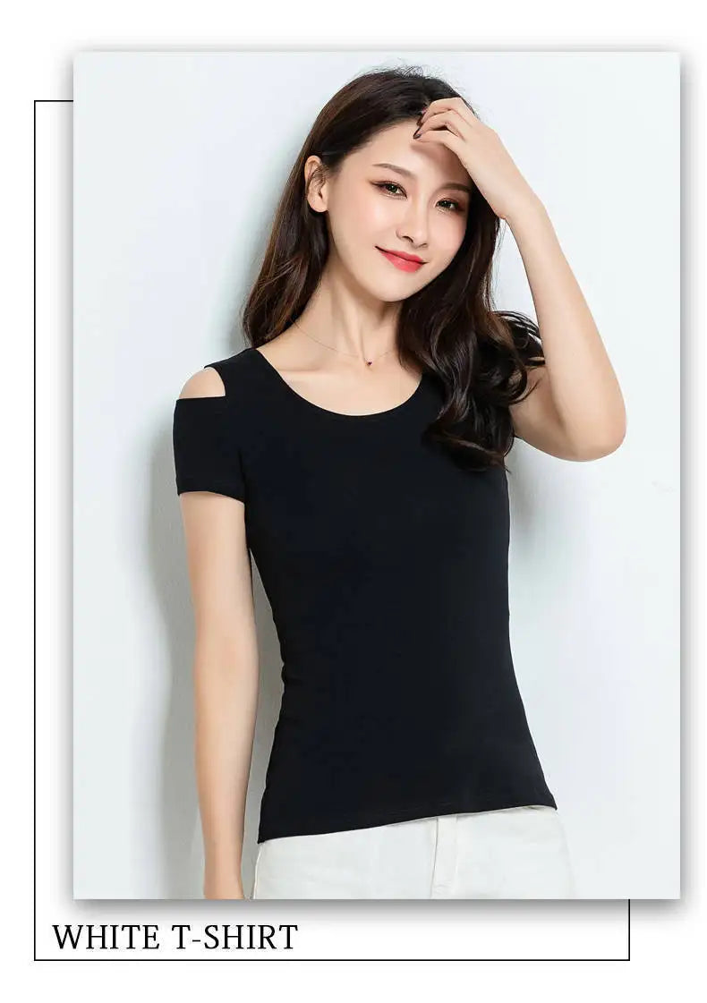 Women Clothes Summer Trend Simplicity Solid Color O-neck Off Shoulder Short Sleeve T-Shirt Women's Fashion Casual All-match Tops