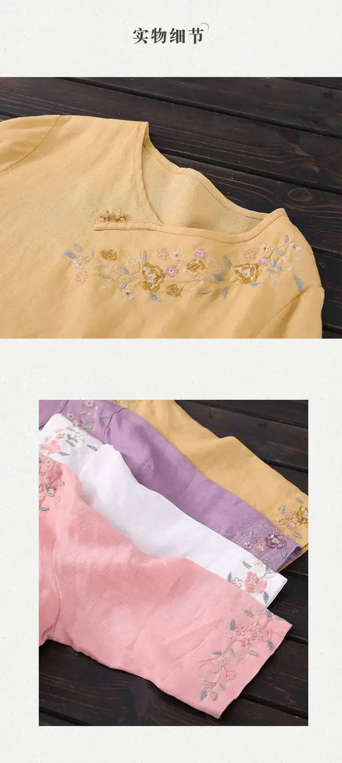 T-shirt Top for Women in Summer 2025 New Loose Slim Round Neck Retro Style Embroidered Quarter Sleeve Shirt