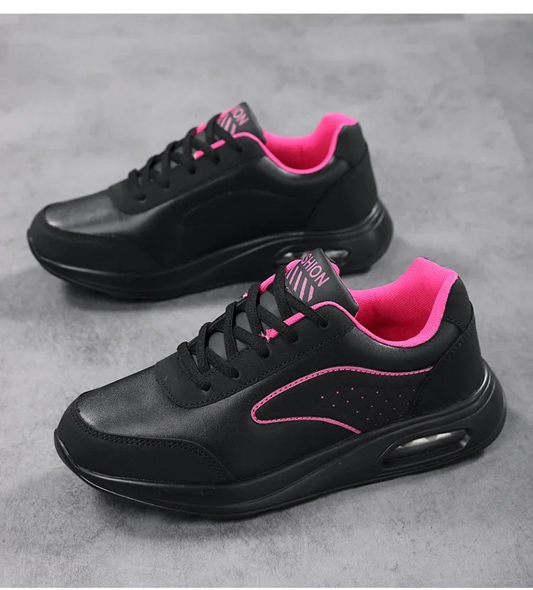 2025 New Women's Fashionable Sneakers Leather Women's Casual Shoes Lace Up Flat Shoes Ladies Lightweight Fitness Walking Shoes