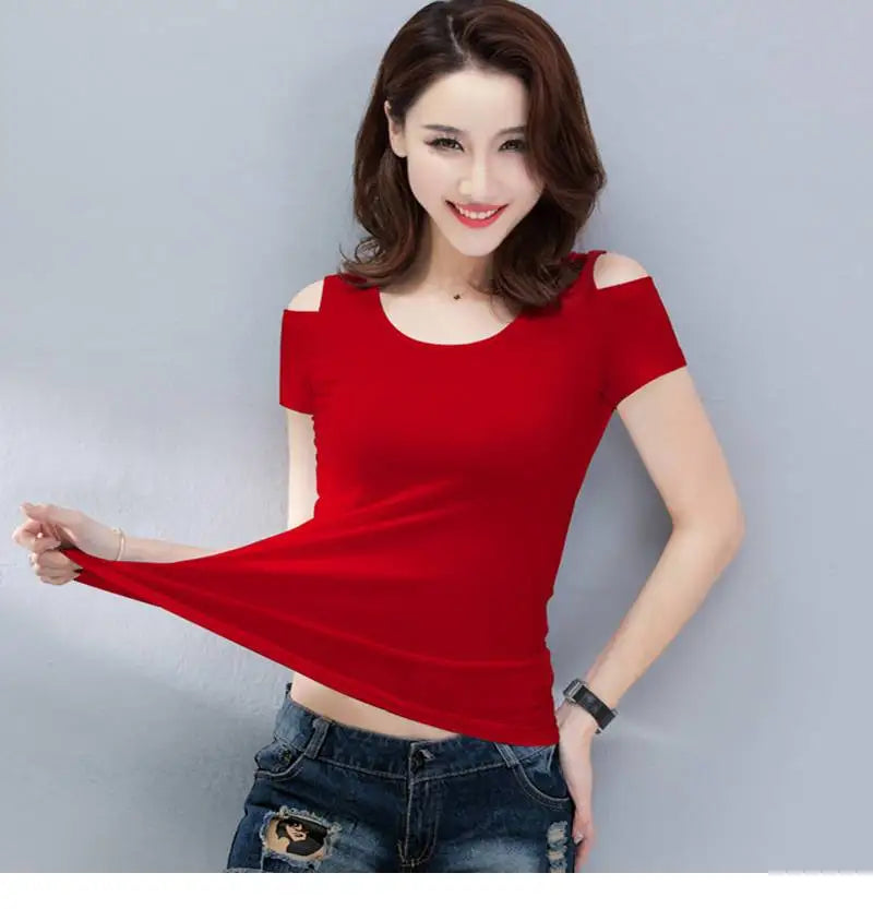 Women Clothes Summer Trend Simplicity Solid Color O-neck Off Shoulder Short Sleeve T-Shirt Women's Fashion Casual All-match Tops