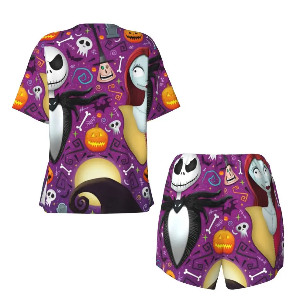 Women's Nightmare Before Christmas Jack Skellington Pajamas Set Printed 2 Piece Pjs Sets Short Sleeve Sleepwear Loungewear