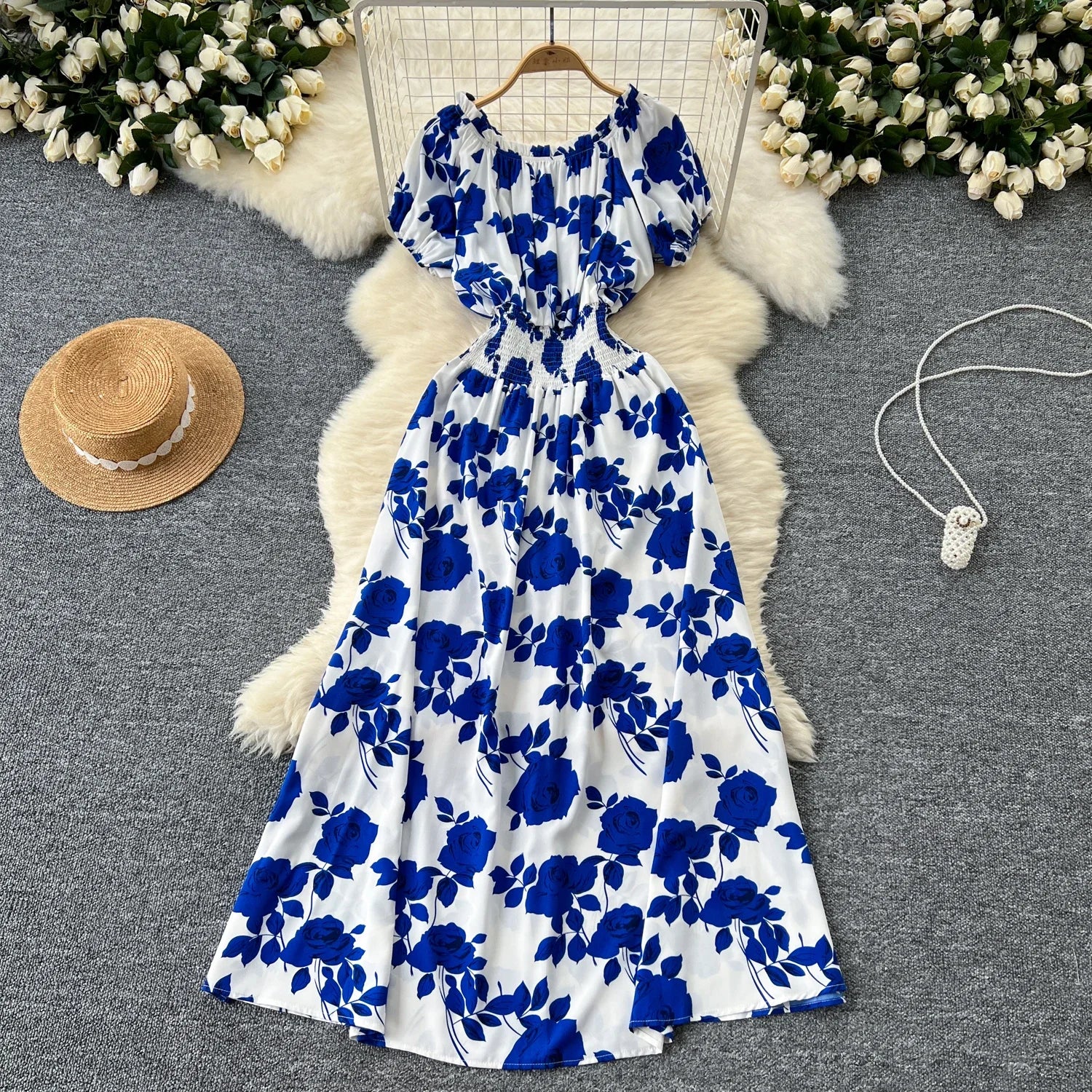 Summer Women Dress Loose Korean Style Bohemian Floral  New  Beach Off-Shoulder Print Casual Vintage Vestidos Robe Maxi Dresses