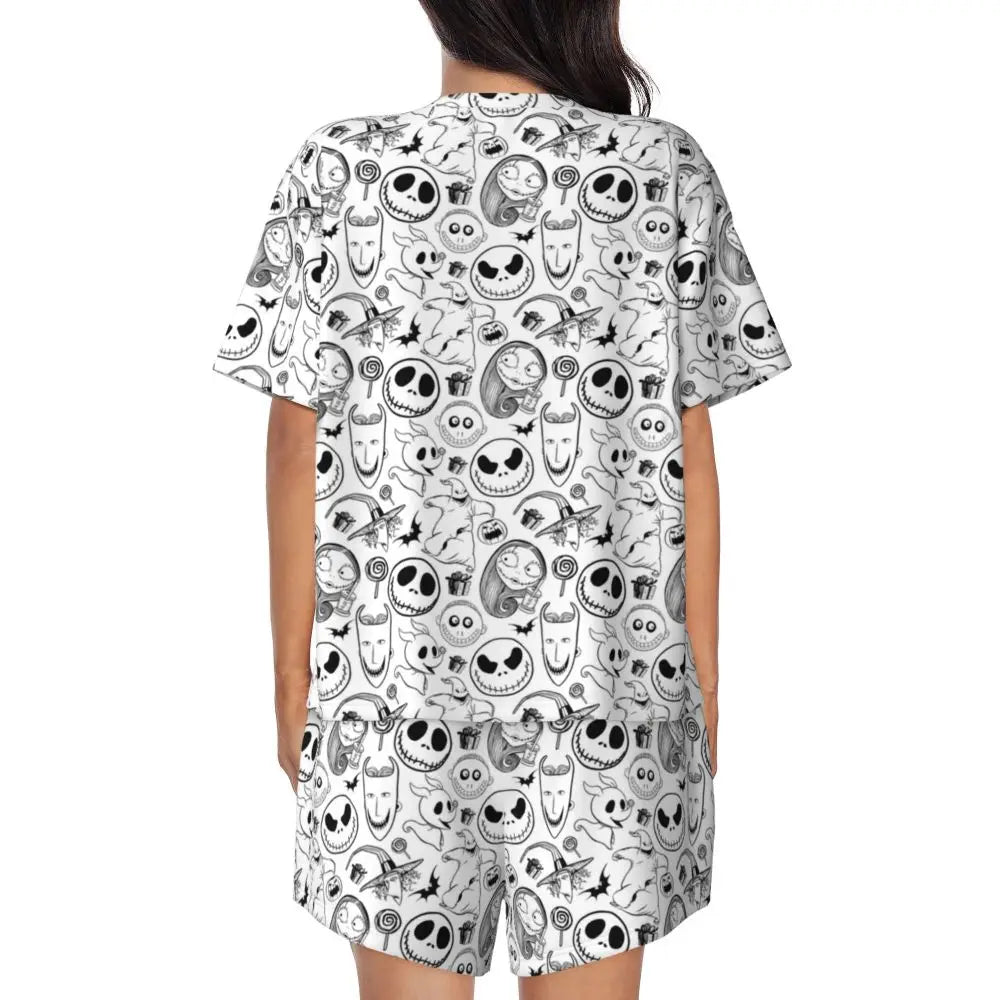 Women's Nightmare Before Christmas Jack Skellington Pajamas Set Printed 2 Piece Pjs Sets Short Sleeve Sleepwear Loungewear