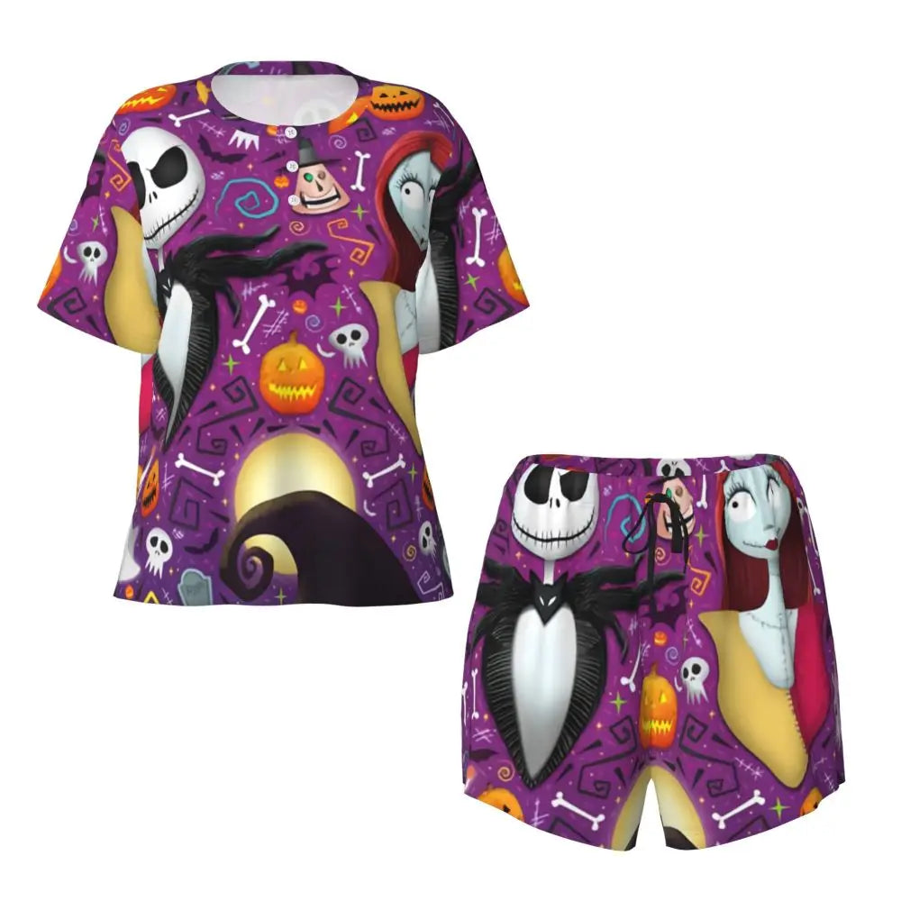 Women's Nightmare Before Christmas Jack Skellington Pajamas Set Printed 2 Piece Pjs Sets Short Sleeve Sleepwear Loungewear