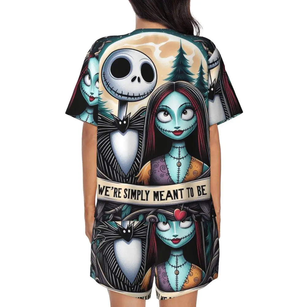 Women's Nightmare Before Christmas Jack Skellington Pajamas Set Printed 2 Piece Pjs Sets Short Sleeve Sleepwear Loungewear