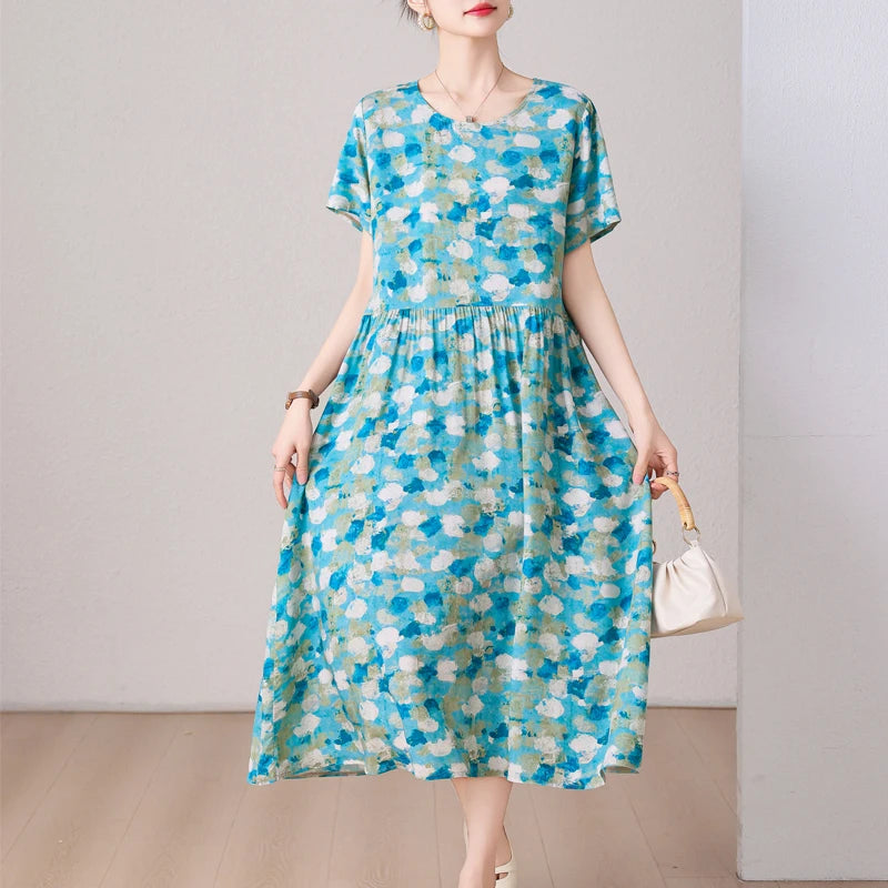 summer dress elegant clothing 2025 short sleeve  vintage floral new  dresses for women casual loose long