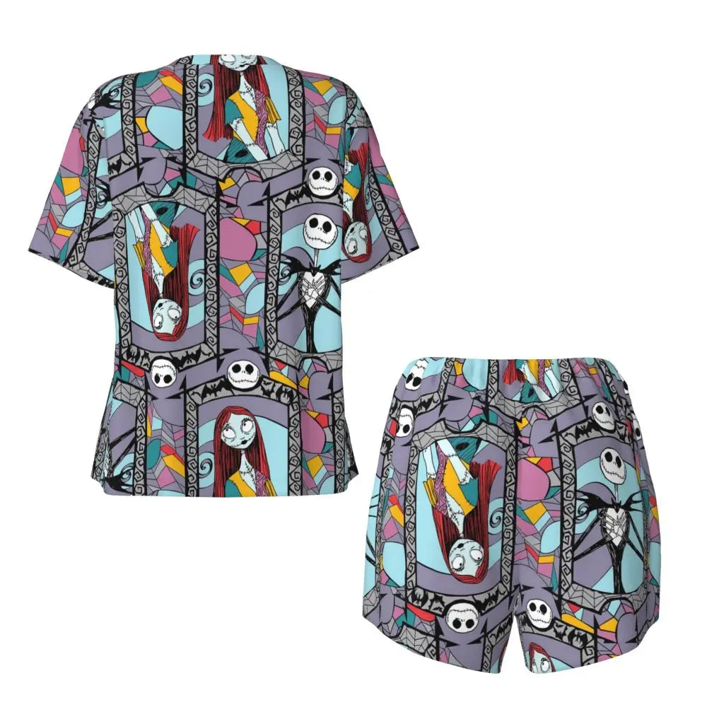 Women's Nightmare Before Christmas Jack Skellington Pajamas Set Printed 2 Piece Pjs Sets Short Sleeve Sleepwear Loungewear