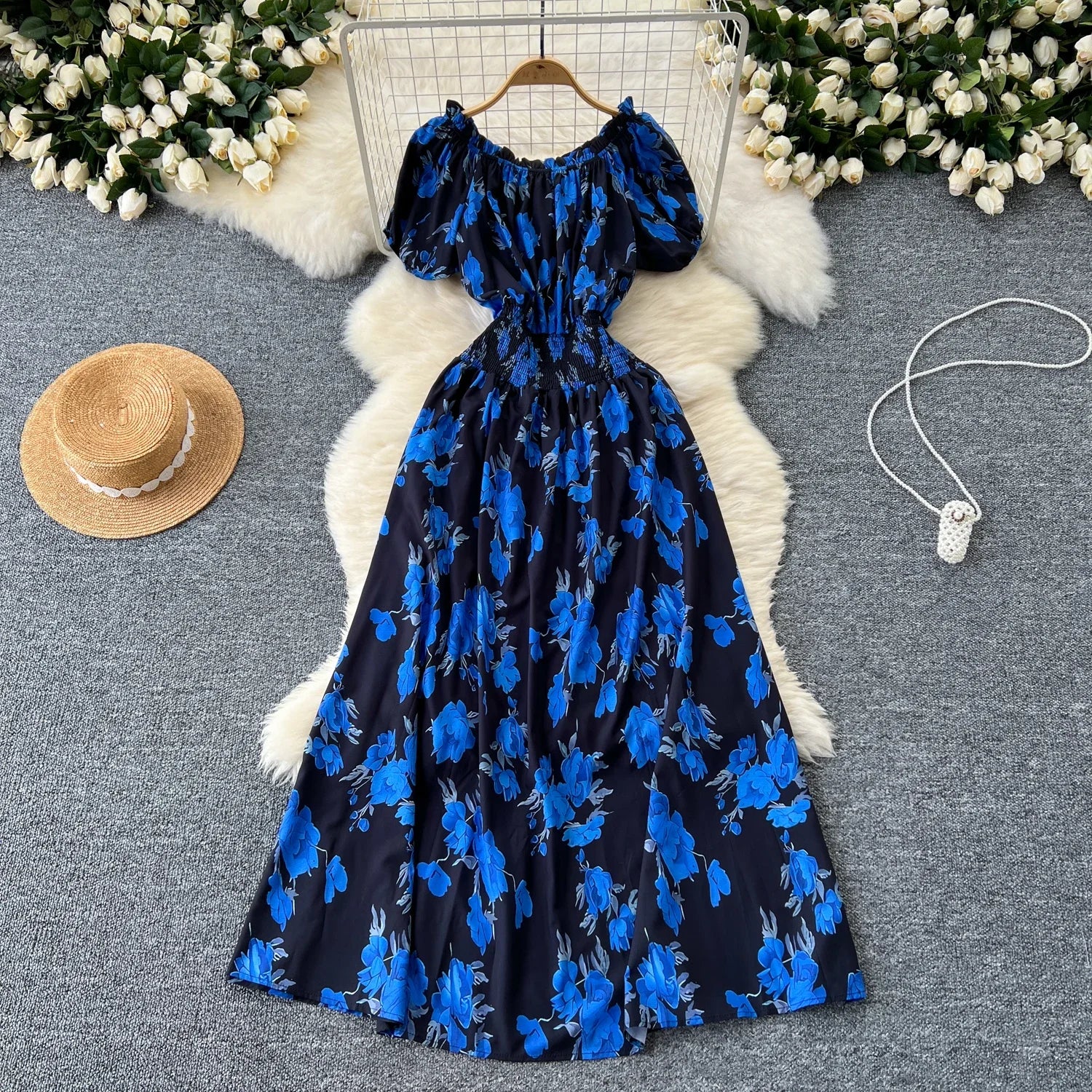 Summer Women Dress Loose Korean Style Bohemian Floral  New  Beach Off-Shoulder Print Casual Vintage Vestidos Robe Maxi Dresses