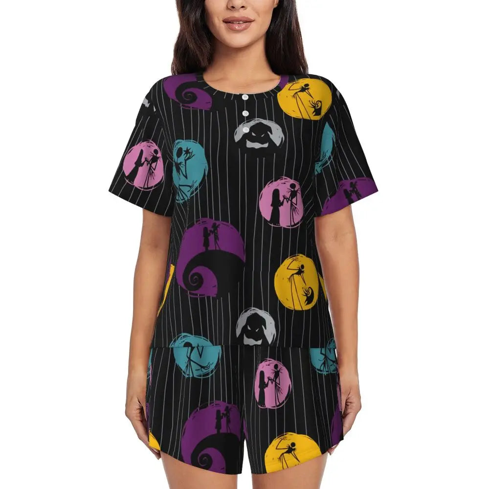 Women's Nightmare Before Christmas Jack Skellington Pajamas Set Printed 2 Piece Pjs Sets Short Sleeve Sleepwear Loungewear