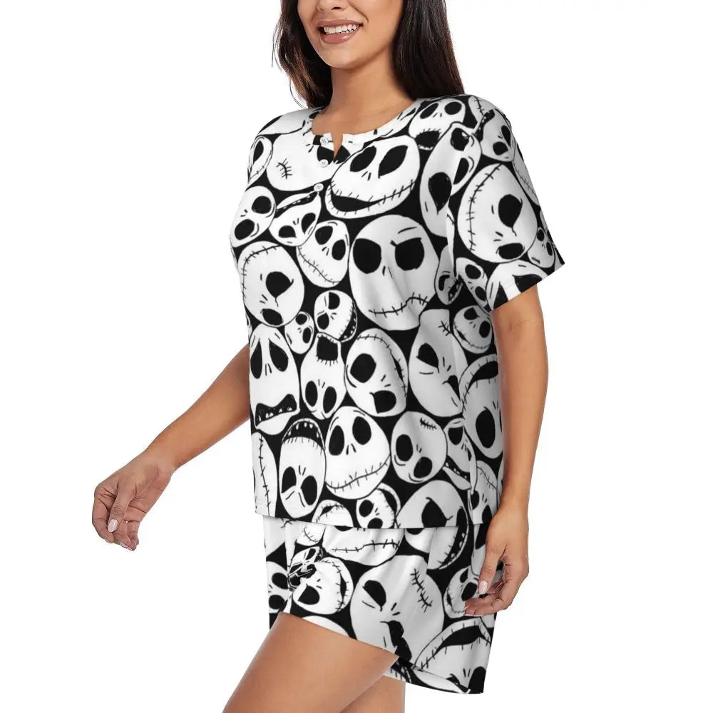Women's Nightmare Before Christmas Jack Skellington Pajamas Set Printed 2 Piece Pjs Sets Short Sleeve Sleepwear Loungewear