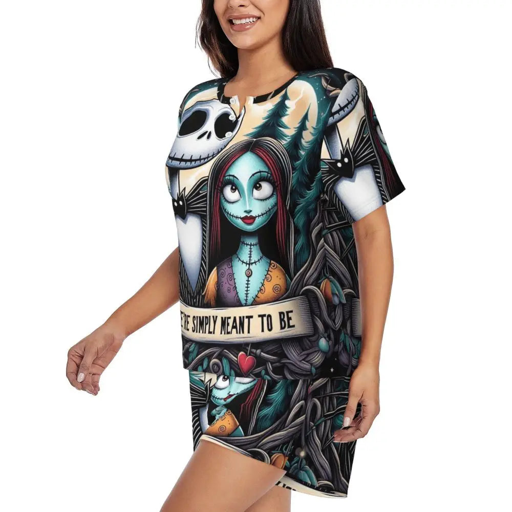 Women's Nightmare Before Christmas Jack Skellington Pajamas Set Printed 2 Piece Pjs Sets Short Sleeve Sleepwear Loungewear