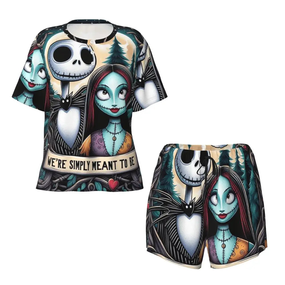 Women's Nightmare Before Christmas Jack Skellington Pajamas Set Printed 2 Piece Pjs Sets Short Sleeve Sleepwear Loungewear