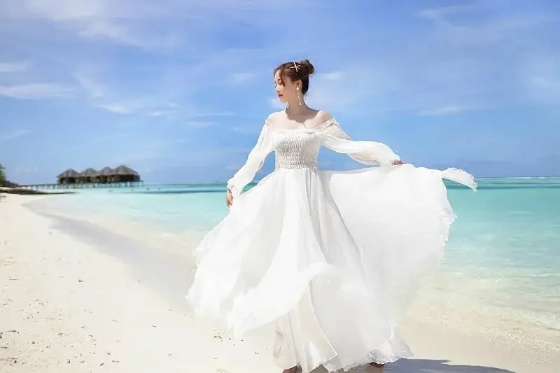 Dresses for Women Summer New Chiffon off-Shoulder Dress White Dress Vestido De Mujer