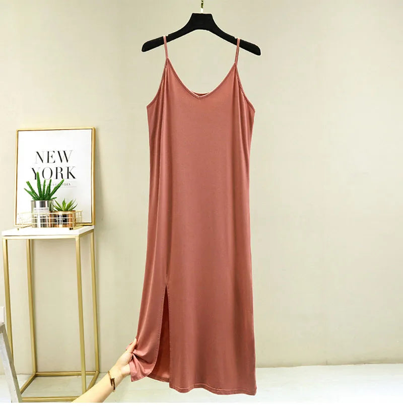 Women Summer Dresses Casual V Neck Full Under Slip Dress Spaghetti Strap Seamless Loose Split Bottming Thin All-Match Dress