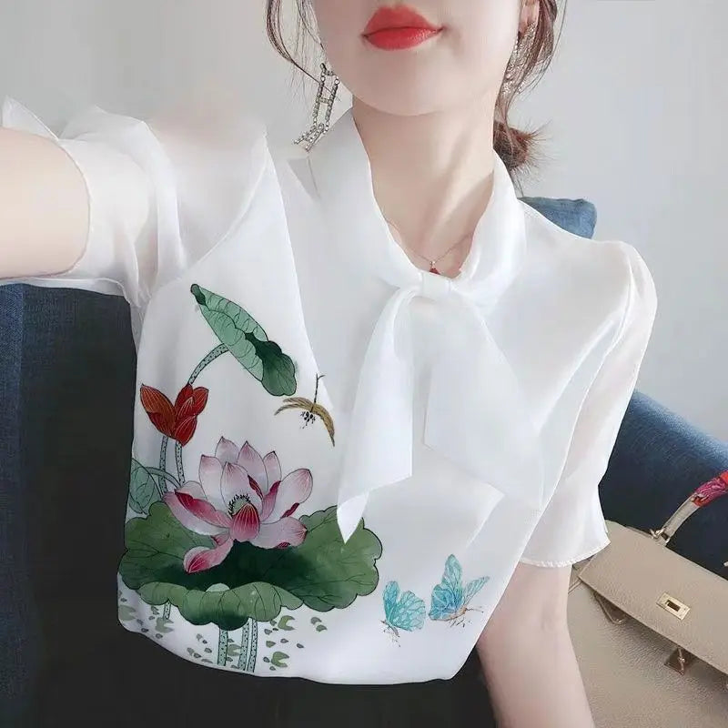 Women Clothing Summer Thin Fashion Simplicity White Printing Short Sleeve Shirts Women's Trend Casual All-match Temperament Tops