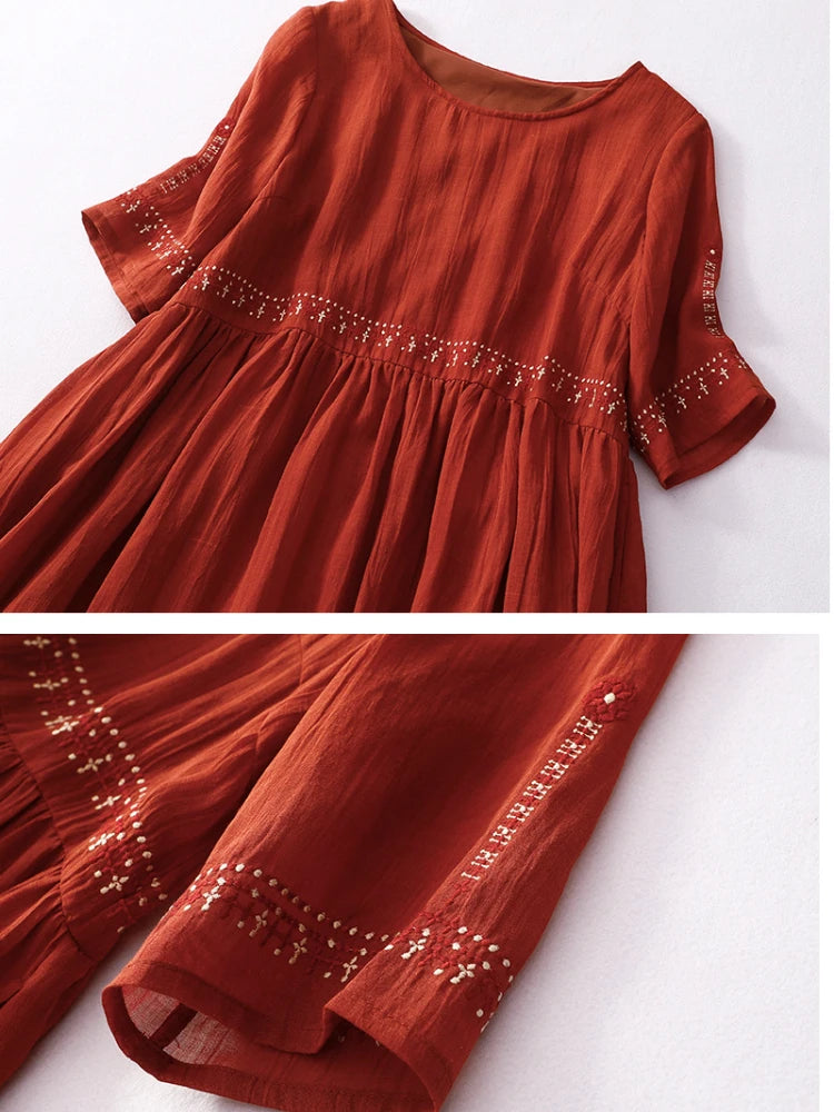 Summer New Dresses for Women LOOSE Embroidery Vintage Dress Streetwear Long Dresses Women Clothing Robe O-Neck White Dress