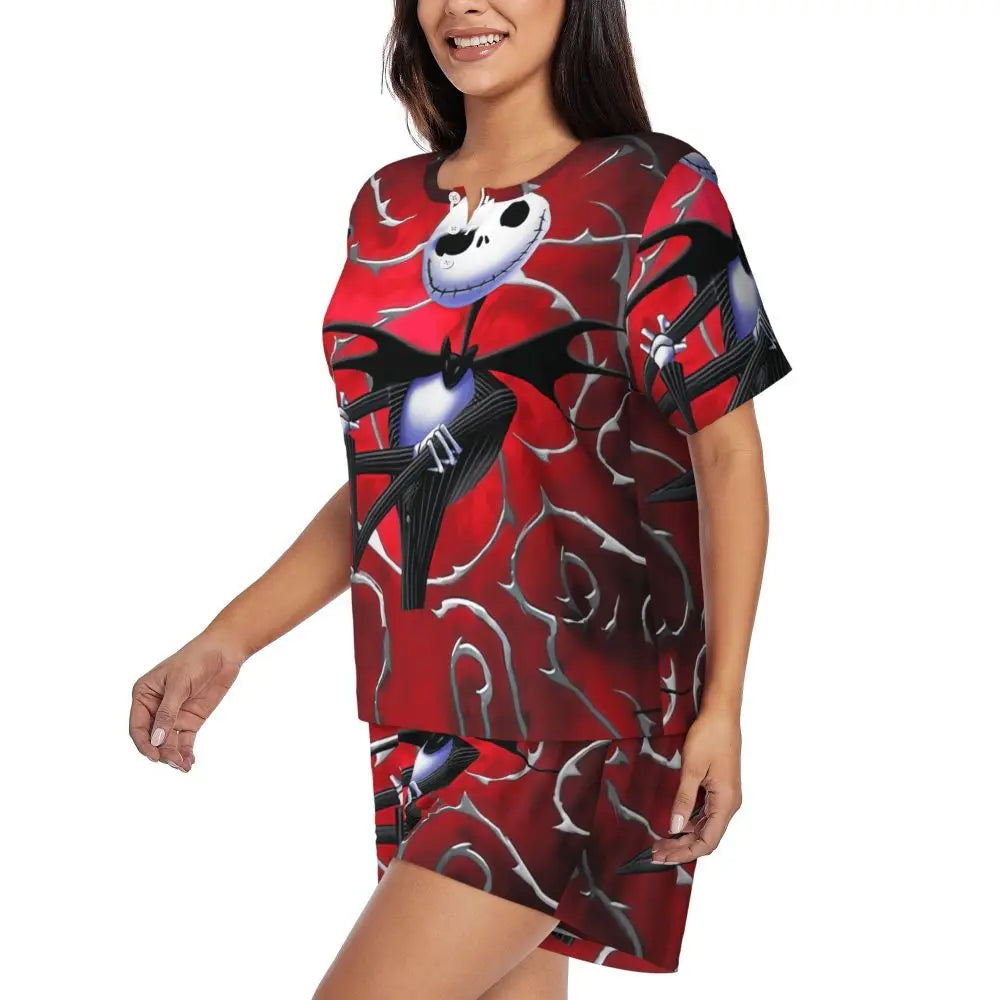 Women's Nightmare Before Christmas Jack Skellington Pajamas Set Printed 2 Piece Pjs Sets Short Sleeve Sleepwear Loungewear