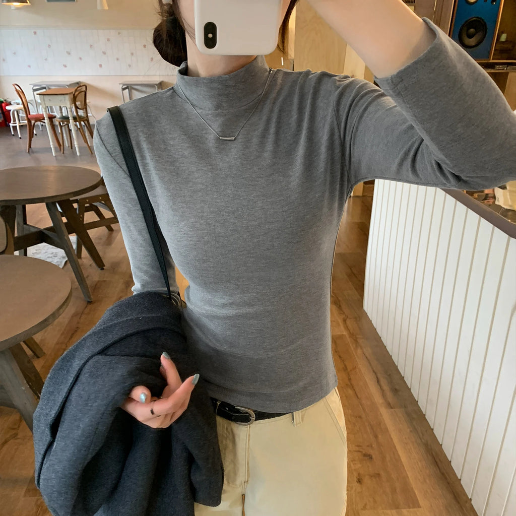 Autumn Winter Knitted Women's T-shirts 2025 New Long Sleeve Solid Half Turtleneck Korean Bottom Slim Short Tops Tee Female