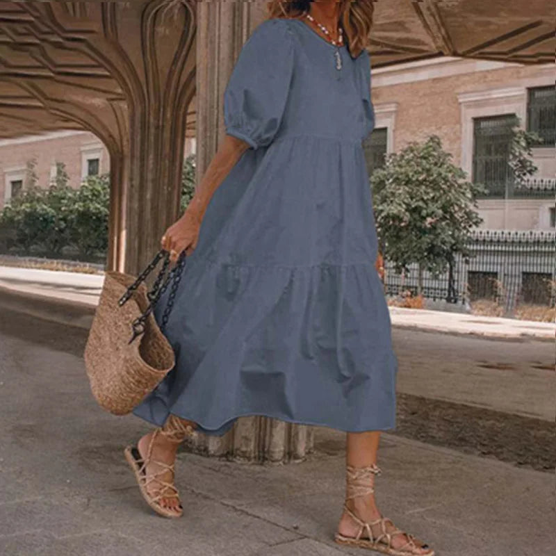 Summer Women Loose Mid-Calf Dress Vintage Lantern Sleeve Long Dresses Boho Ladies Beach DressesLoose Vestido Casual