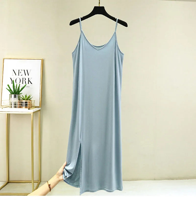 Women Summer Dresses Casual V Neck Full Under Slip Dress Spaghetti Strap Seamless Loose Split Bottming Thin All-Match Dress