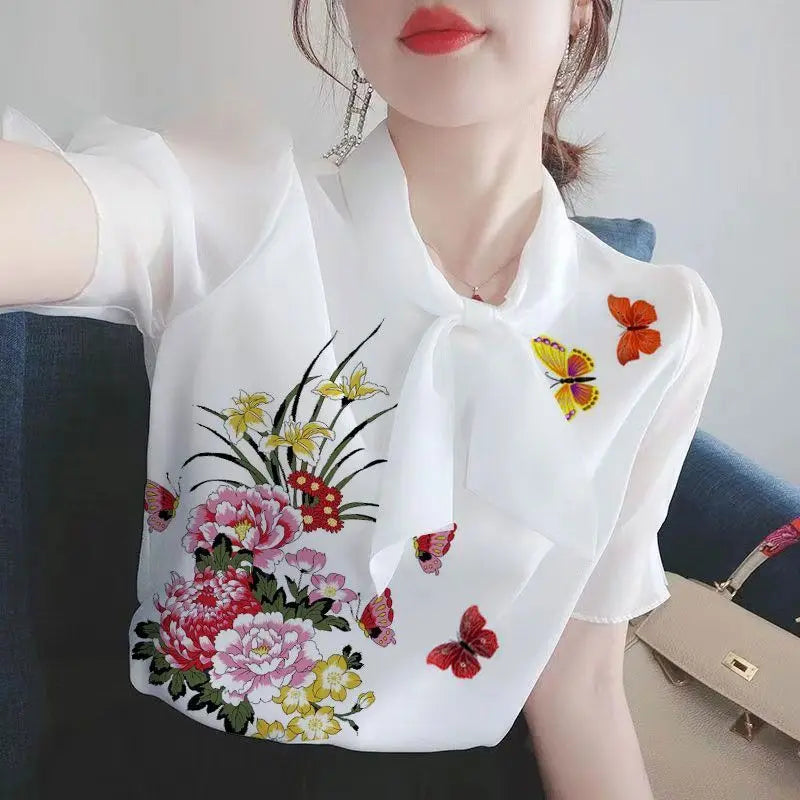 Women Clothing Summer Thin Fashion Simplicity White Printing Short Sleeve Shirts Women's Trend Casual All-match Temperament Tops