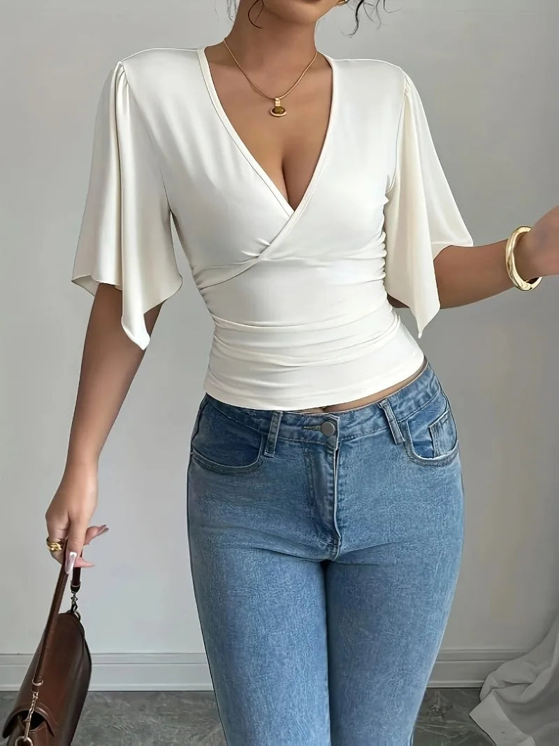 Shirts for Women Summer Solid Colour Casual Fashion Flared Sleeve Slim Deep V Neck Sexy T-Shirt Top Women Clothes Y2k Tops