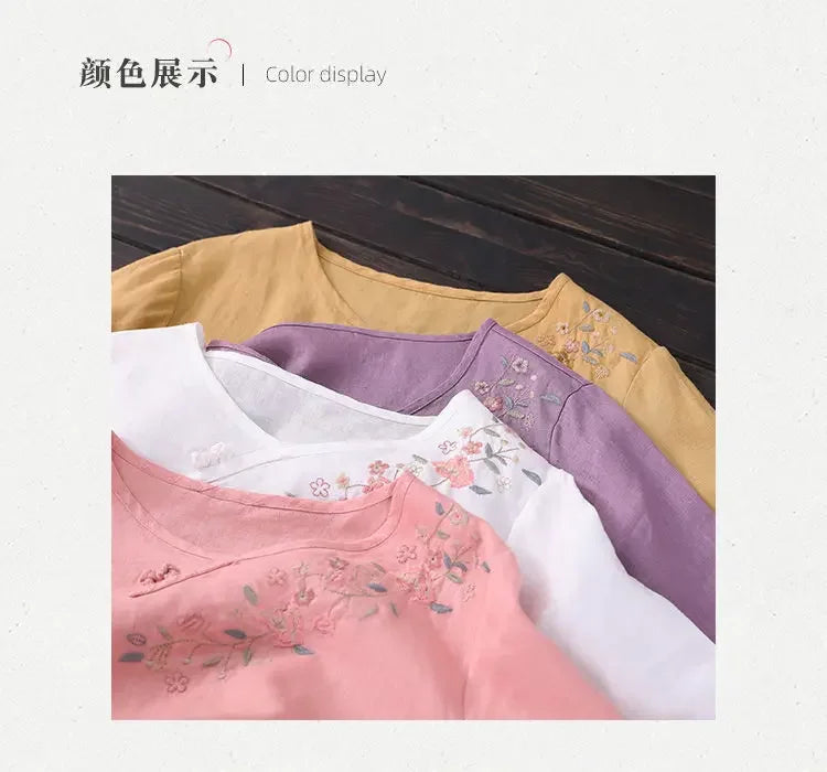 T-shirt Top for Women in Summer 2025 New Loose Slim Round Neck Retro Style Embroidered Quarter Sleeve Shirt