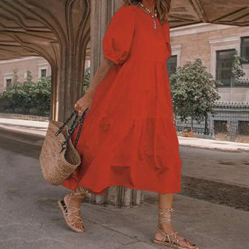 Summer Women Loose Mid-Calf Dress Vintage Lantern Sleeve Long Dresses Boho Ladies Beach DressesLoose Vestido Casual