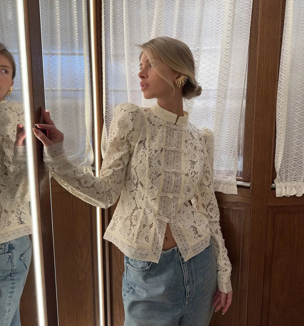 Tossy Summer Lace Printed Shirts Tops Female Hollow Out Fashion Commute Vintage See-Through Blouse Women's Lace Shrug Shirts New