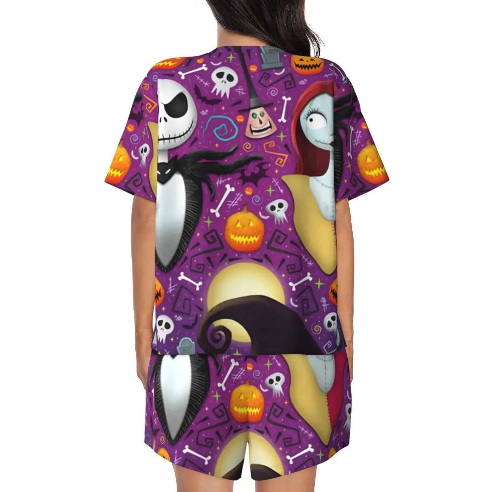 Women's Nightmare Before Christmas Jack Skellington Pajamas Set Printed 2 Piece Pjs Sets Short Sleeve Sleepwear Loungewear