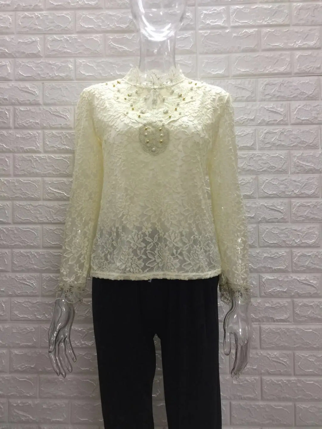 Women T Shirts Vintage Spring Winter Tees Autumn Lace Beads Hole Sexy Tops Warm Blouse Top Casual Full Long Sleeve Shirt