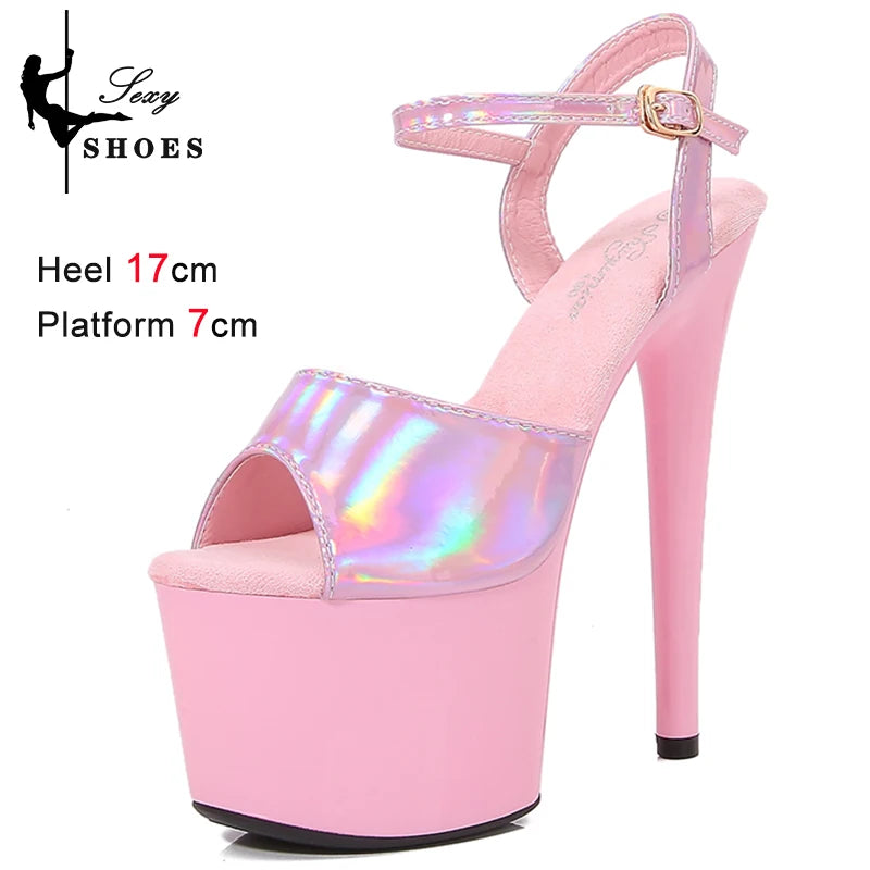 Women's Summer Shoes with Heels Sexy 17CM/7Inchs Platform Sandals Pole Dancing Fetish Erotic Stripper Shoes Luxury Laser Color