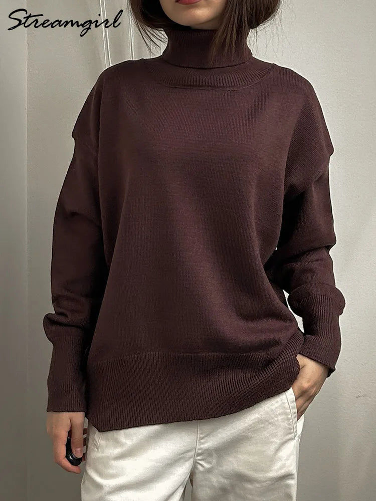 Basic Red Turtleneck Sweater Women Trends 2025 Winter Pullovers Oversize Sweater Woman Jumper Women's Turtleenck Sweaters Coffee