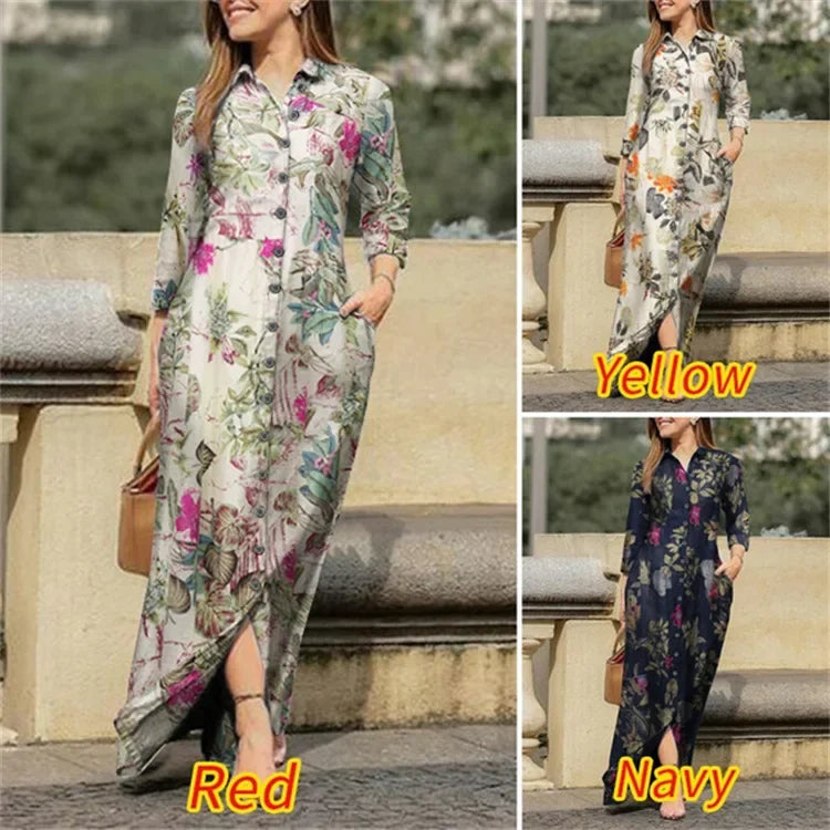 Fashion Summer Dresses 2024 New Women's Printed Elegant Robe Flip Collar Single Breasted Elegant Commuter Long Dress