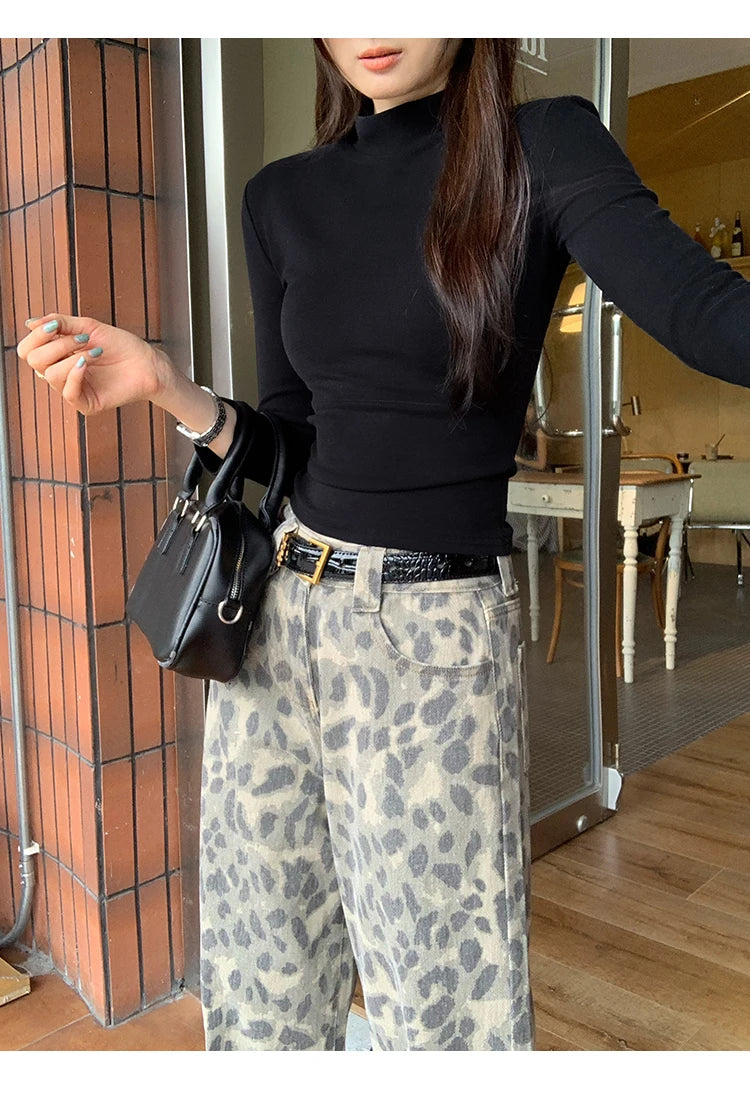 Autumn Winter Knitted Women's T-shirts 2025 New Long Sleeve Solid Half Turtleneck Korean Bottom Slim Short Tops Tee Female