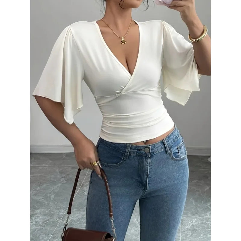 Shirts for Women Summer Solid Colour Casual Fashion Flared Sleeve Slim Deep V Neck Sexy T-Shirt Top Women Clothes Y2k Tops