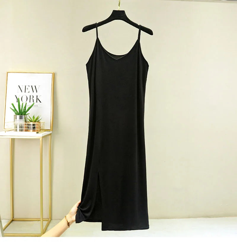 Women Summer Dresses Casual V Neck Full Under Slip Dress Spaghetti Strap Seamless Loose Split Bottming Thin All-Match Dress