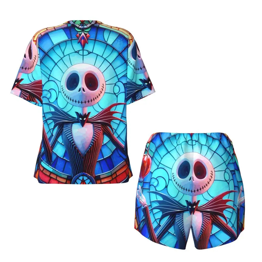 Women's Nightmare Before Christmas Jack Skellington Pajamas Set Printed 2 Piece Pjs Sets Short Sleeve Sleepwear Loungewear