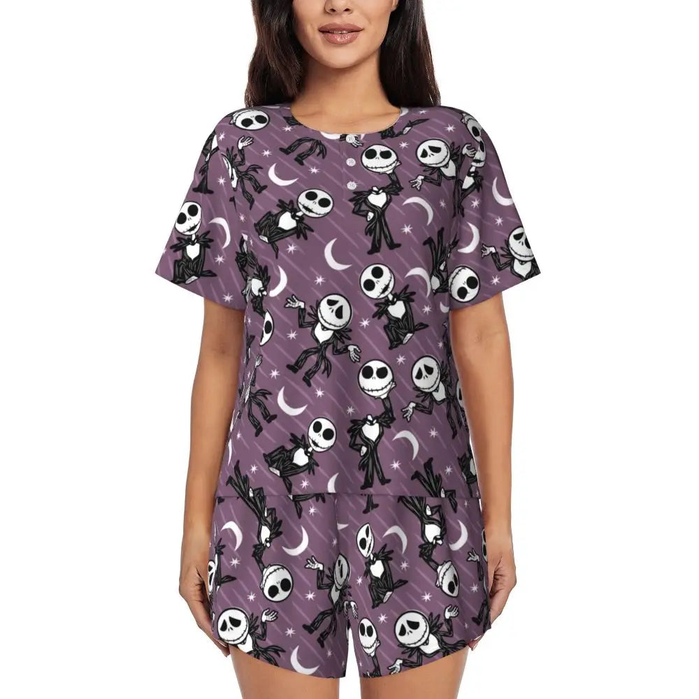 Women's Nightmare Before Christmas Jack Skellington Pajamas Set Printed 2 Piece Pjs Sets Short Sleeve Sleepwear Loungewear