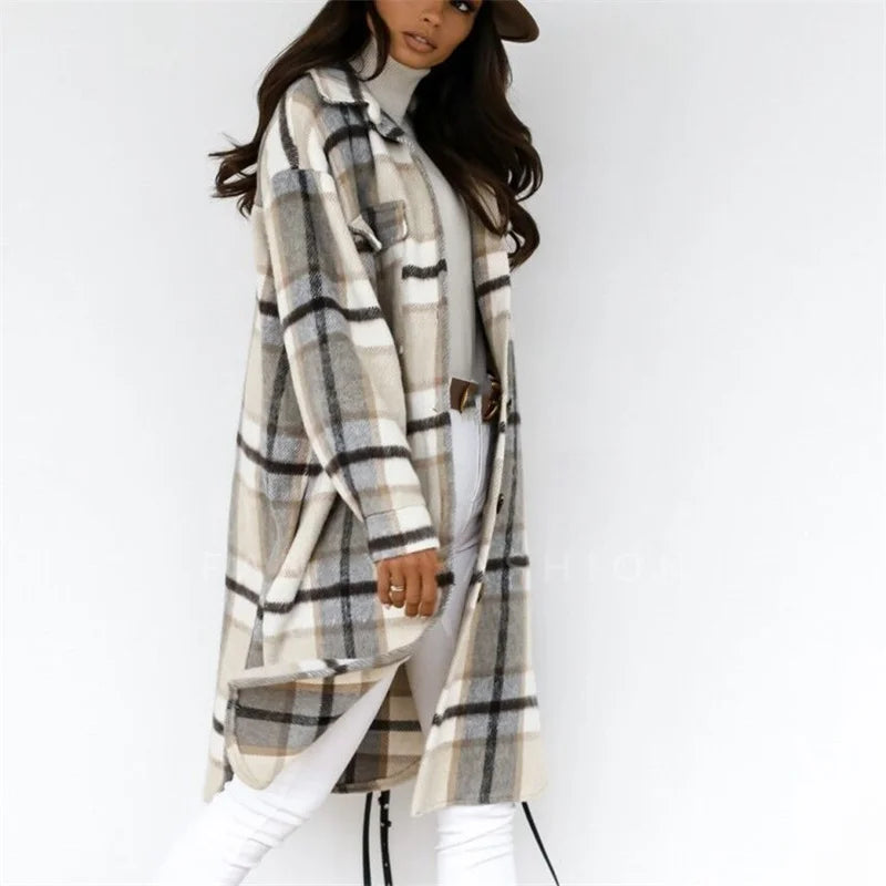 Women Check Tweed Long Shirt Autumn Winter Thickened Warm Single-breasted Cardigan Blouse Female Casual Double Pockets Outerwear