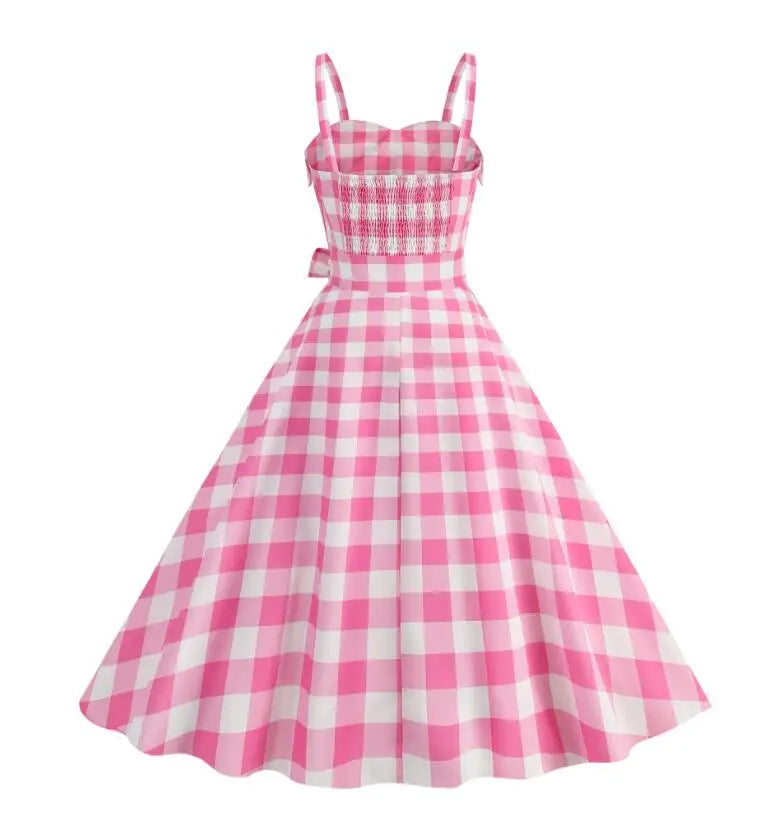 Women's Summer Dress Sexy Retro Pink Plaid Suspender Gown Christmas Party Clothes Robe Femme High-Waisted Dress