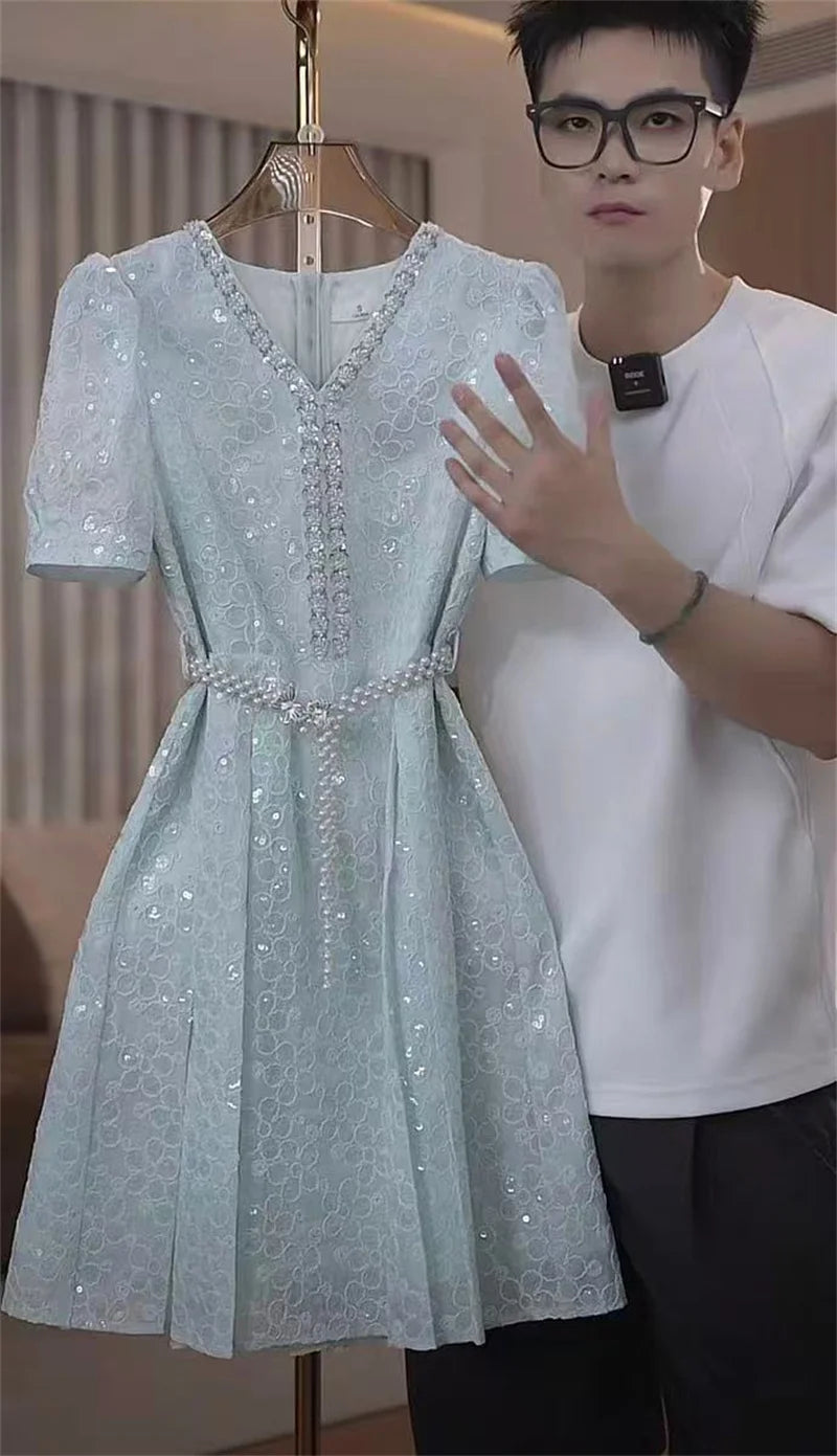 Dress For Women In Summer 2025 Light Luxury Temperament Heavy Industry Sequins Elegant and Niche Waist Hugging Dress Short Skirt