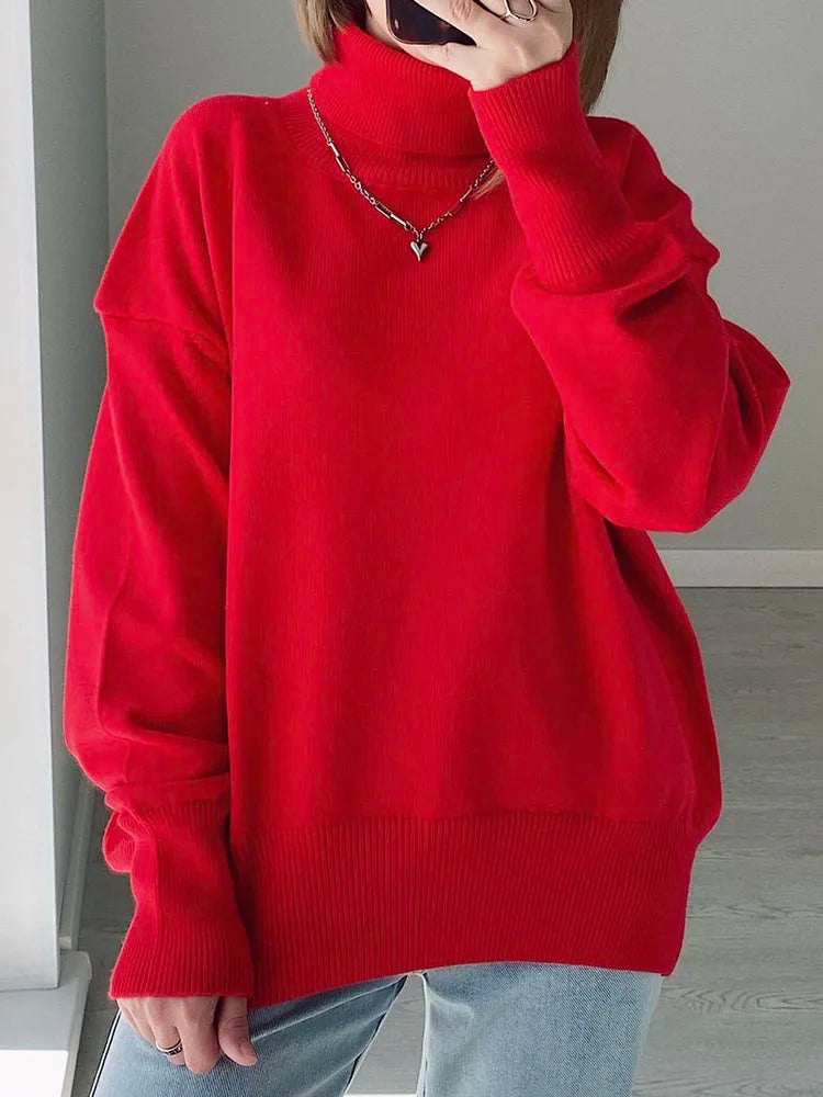 Basic Red Turtleneck Sweater Women Trends 2025 Winter Pullovers Oversize Sweater Woman Jumper Women's Turtleenck Sweaters Coffee