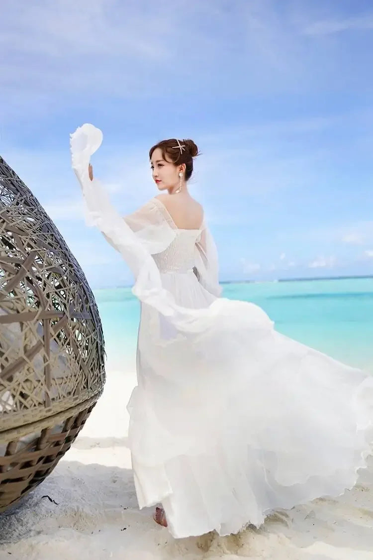 Dresses for Women Summer New Chiffon off-Shoulder Dress White Dress Vestido De Mujer