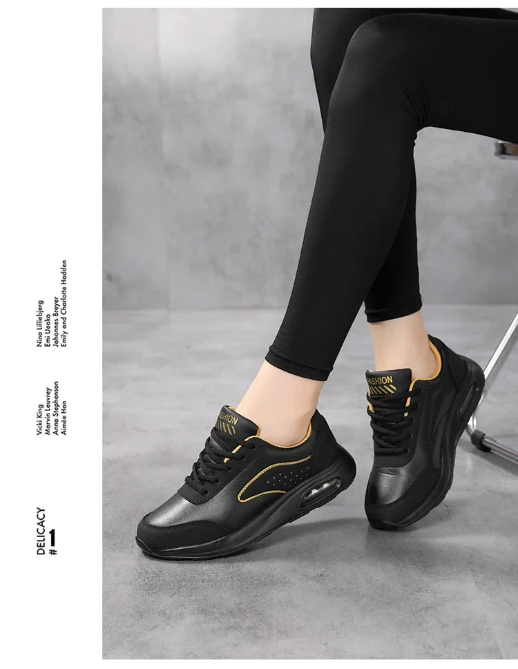 2025 New Women's Fashionable Sneakers Leather Women's Casual Shoes Lace Up Flat Shoes Ladies Lightweight Fitness Walking Shoes