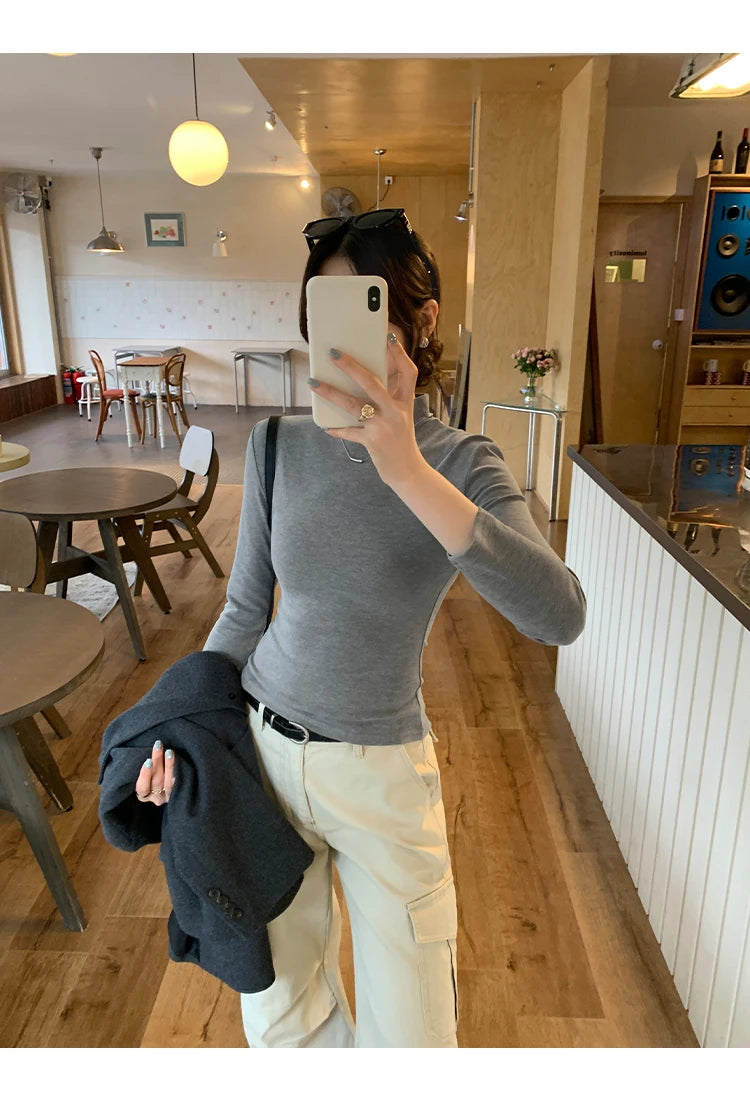 Autumn Winter Knitted Women's T-shirts 2025 New Long Sleeve Solid Half Turtleneck Korean Bottom Slim Short Tops Tee Female